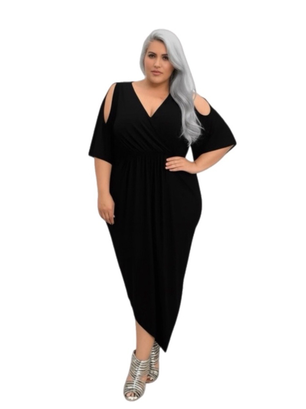 City Chic Black Faux Wrap Dress with Gold Hardware Detail in Plus Size 18